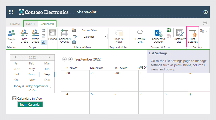 Open List Settings from within the Calendar tab.