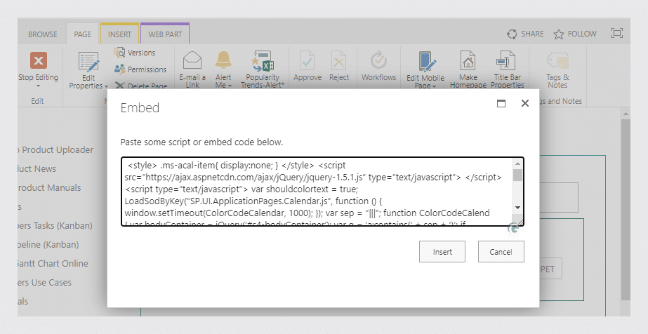 Insert the color-coding script into the Content Editor web part: choose Click here to add new content, then Edit Source, paste the script, and click Save.