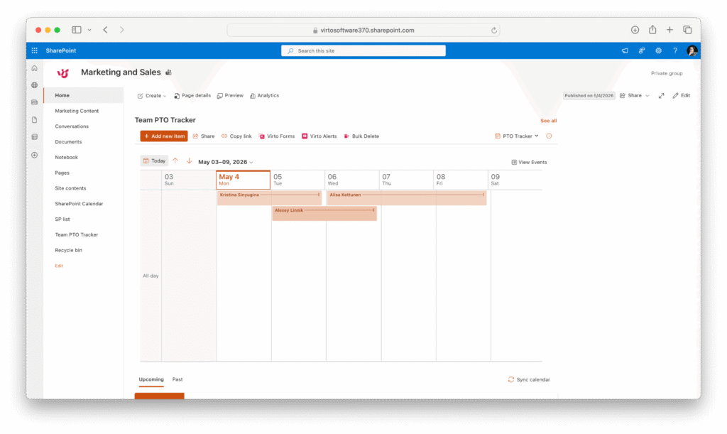 Modern SharePoint Lists calendar view