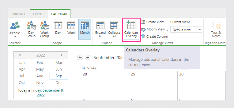 click Calendars Overlay in the Calendar tab.