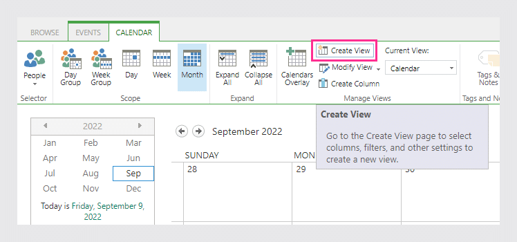 click Create View in the Calendar tab.