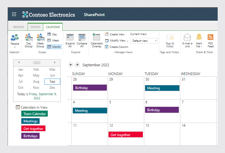 When you have finished with all the overlays, you’ll see a color-coded SharePoint calendar.