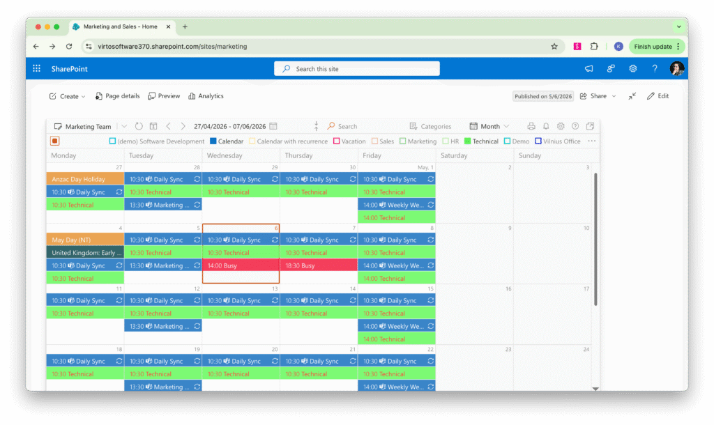 Virto Calendar App color-coded calendar