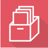White icon of stacked documents in an open box on red background