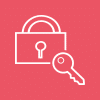 Lock and key icon with magnifying glass on red background