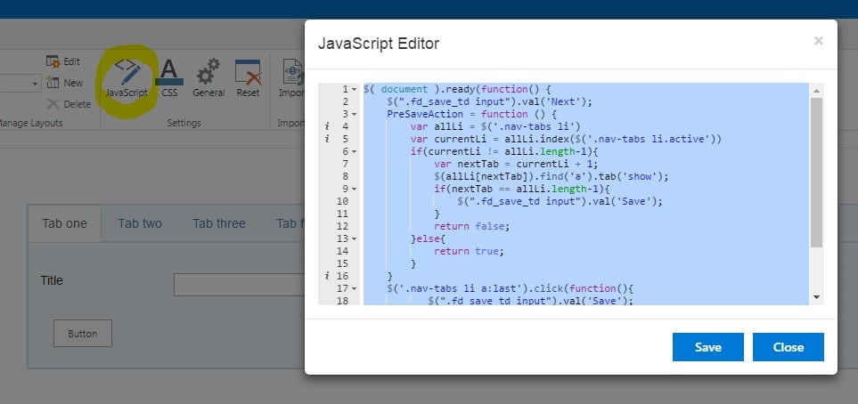 SharePoint form with tabs and 