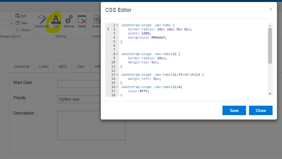SharePoint forms with color-coded tabs