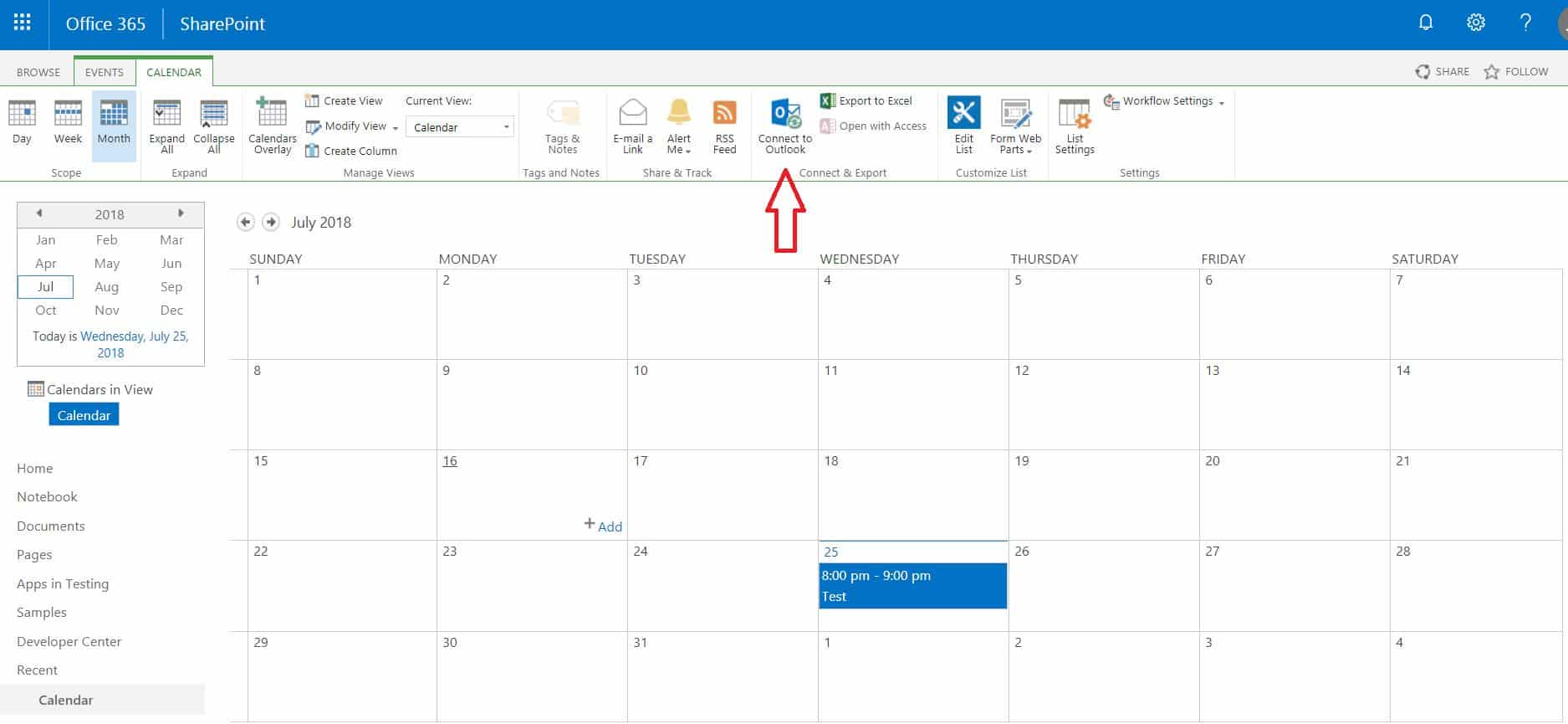 Find the Connect to Outlook feature from the group &ldquo;Connect & Export&rdquo; on the ribbon and click on it to sync SharePoint calendar with outlook