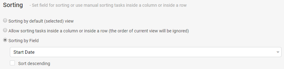 Sorting options dialog showing field selection and sort direction settings for SharePoint Kanban view configuration.
