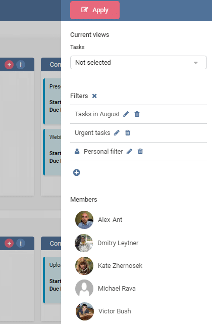 Task management interface showing filters and team members list for a SharePoint Kanban app