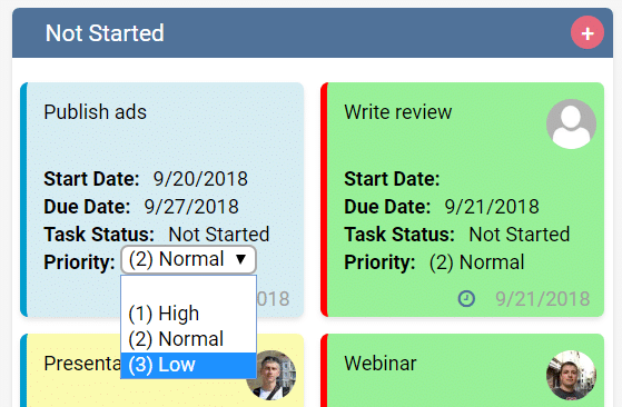 Kanban board showing "Not Started" tasks including Publish ads, Write review, Presentations, and Webinar with 