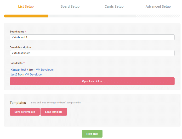 Setup form for SharePoint Kanban board with name, description, and list selection fields.