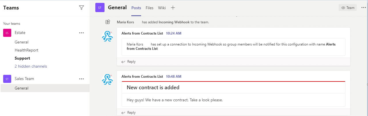 Microsoft Teams interface showing Estate and Sales Team channels with incoming webhook alerts about contracts
