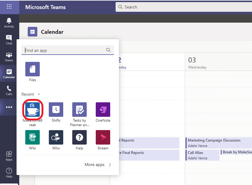 Microsoft Teams Calendar interface showing app menu with Files, Shifts, Tasks, OneNote, Wiki, Who, Help, and Stream opti