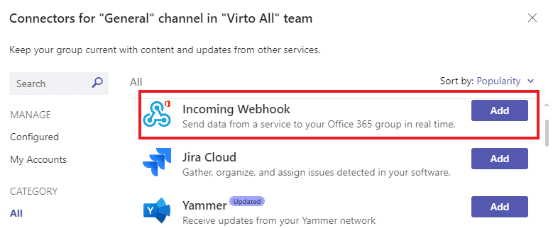 Microsoft Teams connectors panel showing Incoming Webhook, Jira Cloud, and Yammer integration options