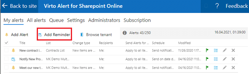 Virto Alert interface showing My alerts tab with Add Reminder button highlighted and alert list below.