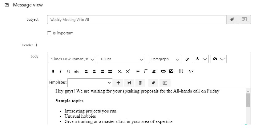 Email message composition window for "Weekly Meeting Virto All" with formatting toolbar and sample discussion 