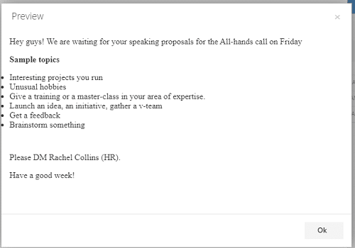 Preview of message requesting speaking proposals for All-hands call with sample topics listed