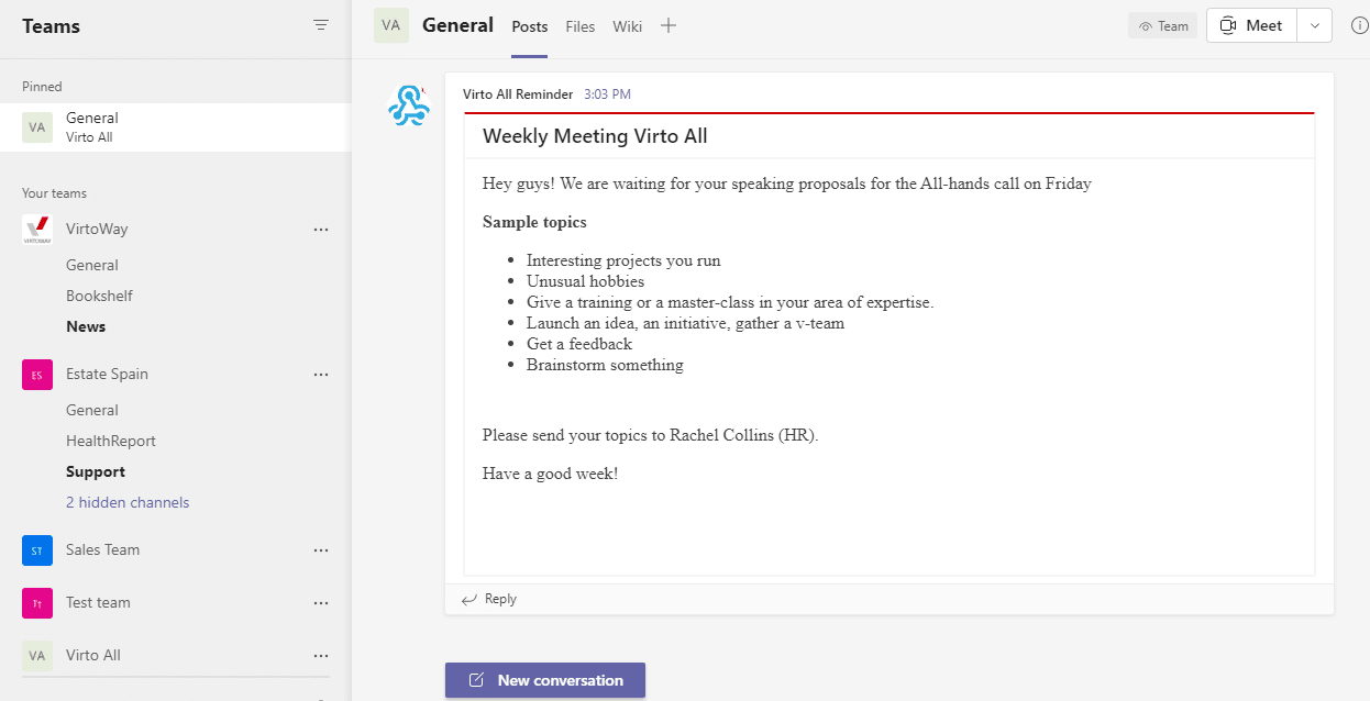 Microsoft Teams interface showing General channel with Weekly Meeting Virto All reminder post