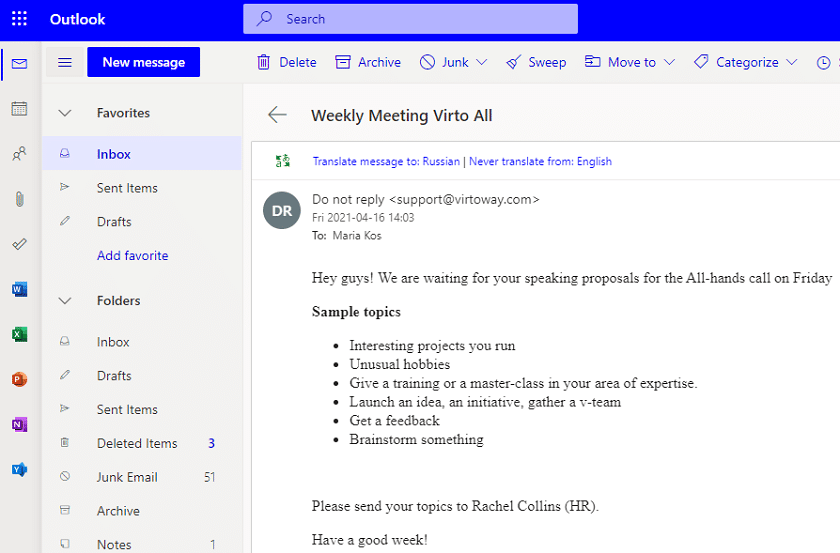 Outlook email inbox showing a weekly meeting message with speaking proposal topics for an all-hands call.
