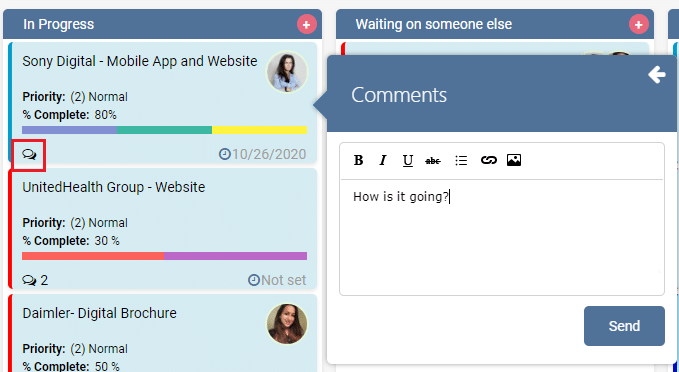 Project management kanban board showing tasks in progress and waiting status with comments section