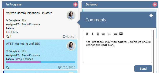 Kanban board with task cards showing progress status, comments section, and formatting options