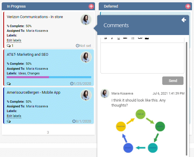 Kanban board showing In Progress and Deferred task columns with comments panel open displaying a conversation between te