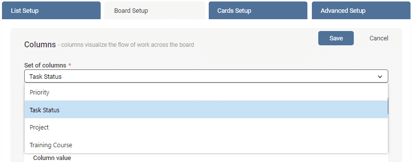 Kanban board column setup dialog showing Task Status dropdown menu with priority and project options