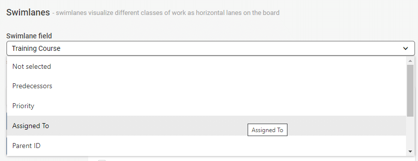 Swimlanes configuration panel showing Training Course field options and settings