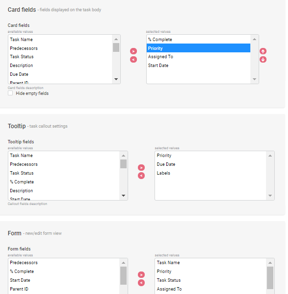 Configuration interface for task card fields, tooltip fields, and form fields in Kanban board view