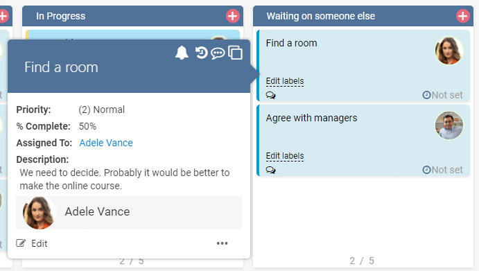 Kanban board with tasks in progress and waiting status for room finding and course planning