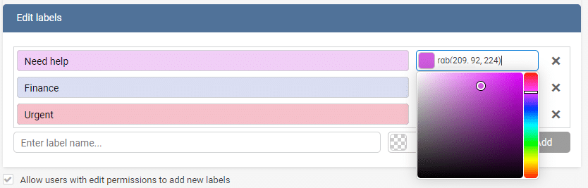 Edit labels dialog with color picker and label options for Kanban board