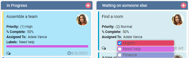 Kanban board showing two task cards: "Assemble a team" (In Progress) and "Find a room" (Waiting on s