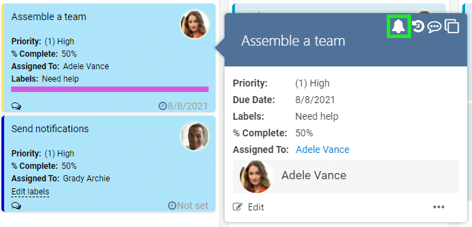 Task management interface showing team assembly task with priority, due date, and assignment details.