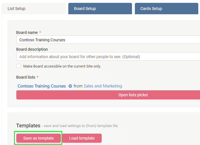 Board Setup form showing name, description, and list configuration fields for creating a Kanban board