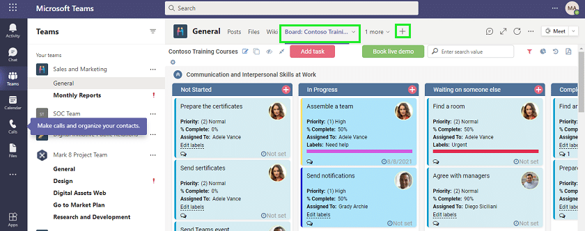 Microsoft Teams Kanban board showing Contoso Training Courses with task cards organized by status columns.