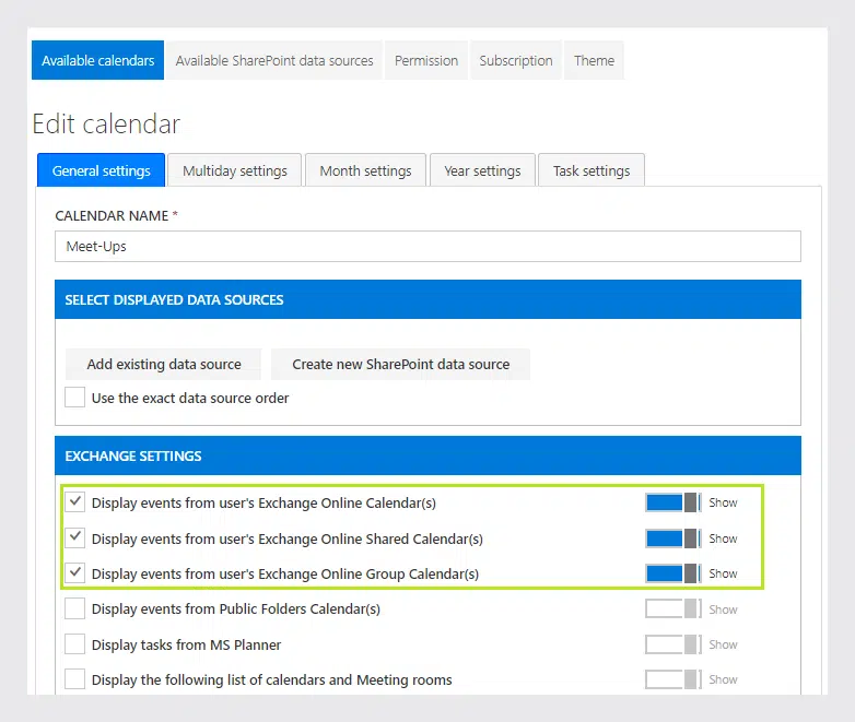 Exchange settings