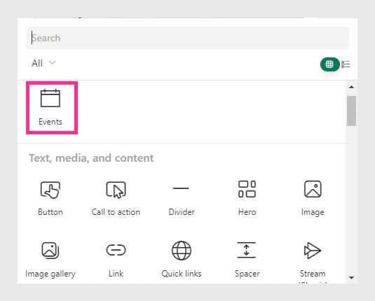 search for the Events web part