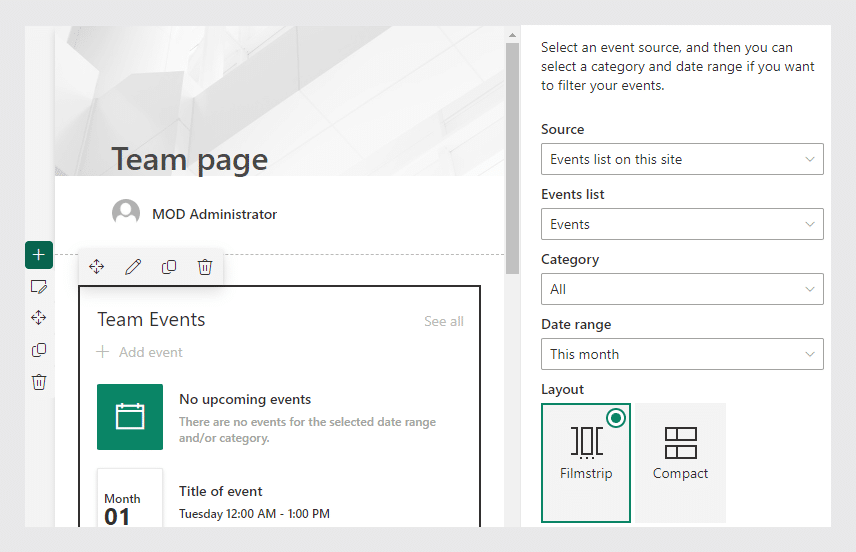 Adjust the web part and choose the events list you want to display in your calendar