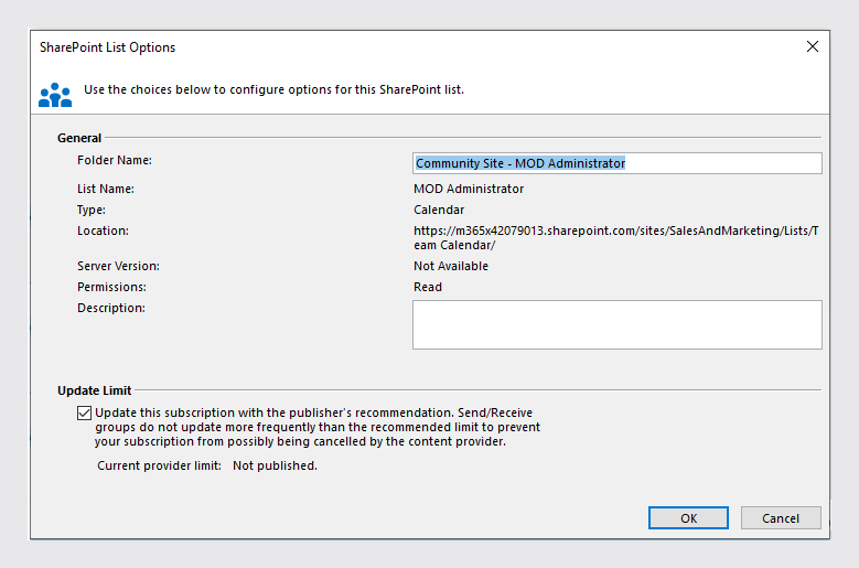 Select a folder and desired calendar list to sync with Outlook