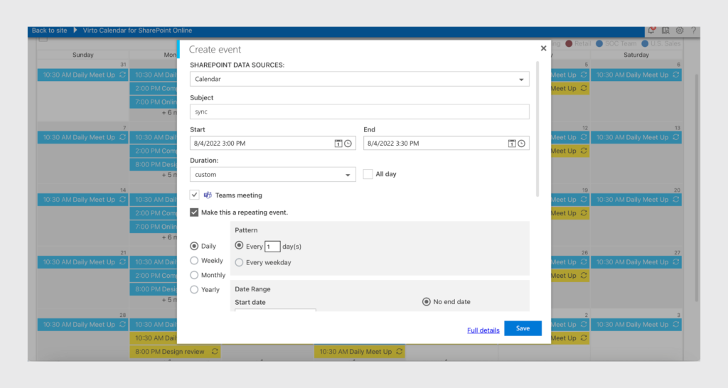 Recurring events and Microsoft Teams meetings can be created in Calendar Overlay Pro by Virto