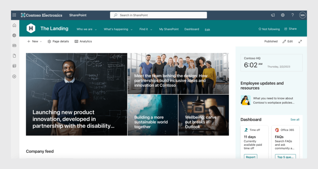 SharePoint website - company&rsquo;s landing