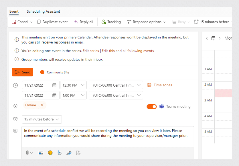 the next step of creating new appointment in Microsoft Exchange calendar