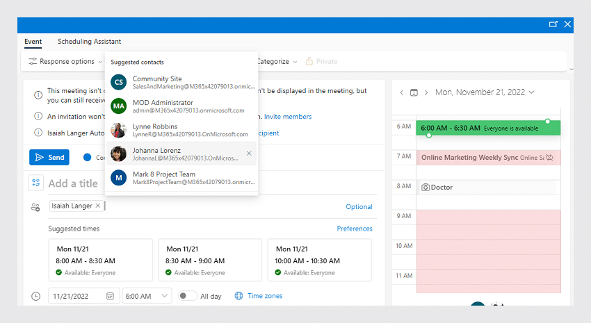 Inviting attendees for an event in Microsoft Exchange calendar