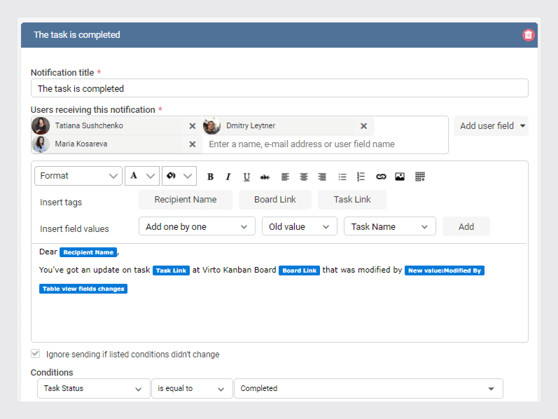 Kanban board pro by Virto - alerts