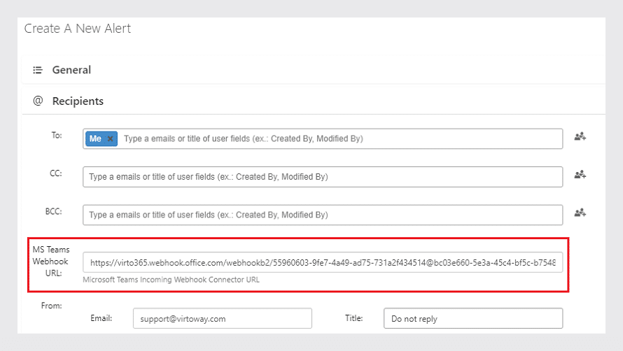 creating an alert in Virto Kanban for MS Teams