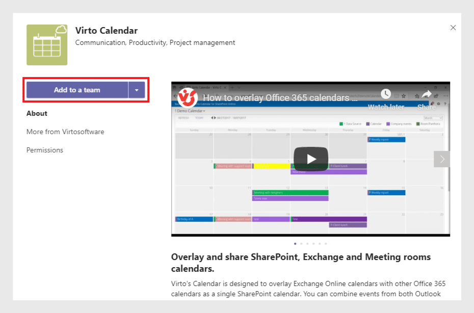 As the Virto Calendar overview appears, click “Add to a Team”