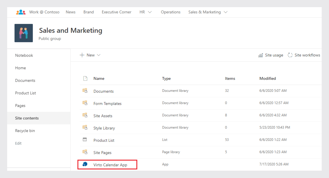 In the “Site contents” of your SharePoint site find “Virto Calendar App”