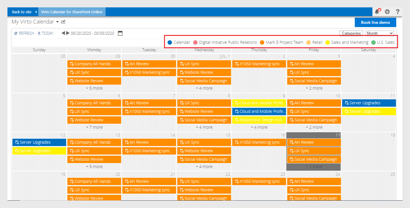 see the selected types of events in the Virto Calendar overlay.