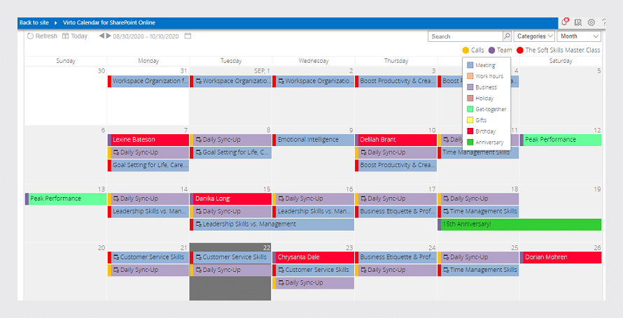 Virto Calendar with Common Categories